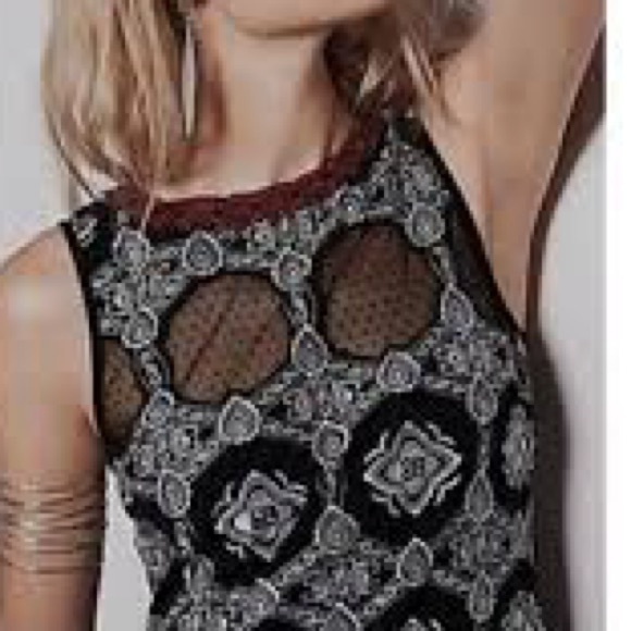 Free People Nights Embroidered Black & White Drop Waist Deep V Back Dress Size S - Picture 15 of 16